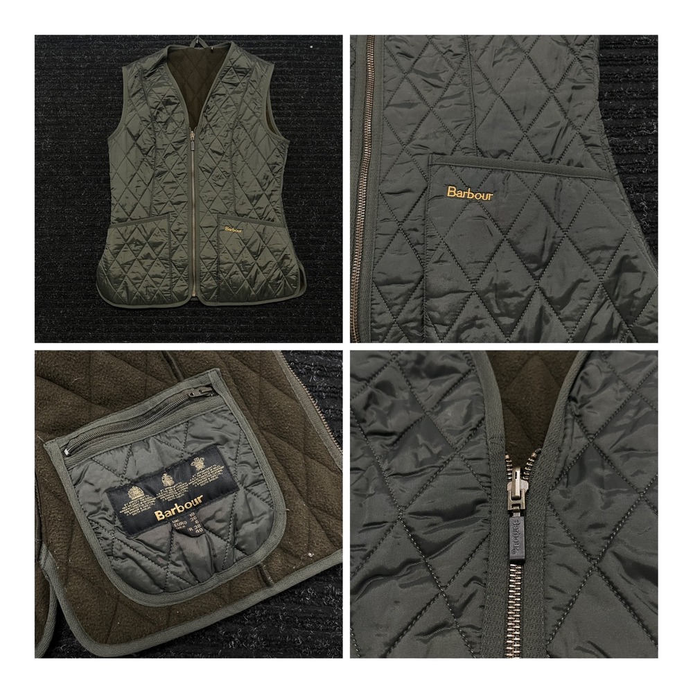 Barbour Betty Quilted Vest Olive Green Fleece Lined Zip Gilet US 6 UK 10